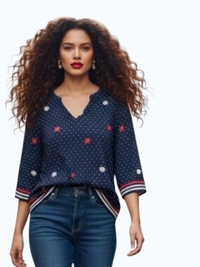 Talbots Nautical Polka Dot & Daisy Embroidered Tunic Blouse - Size 1X Petite